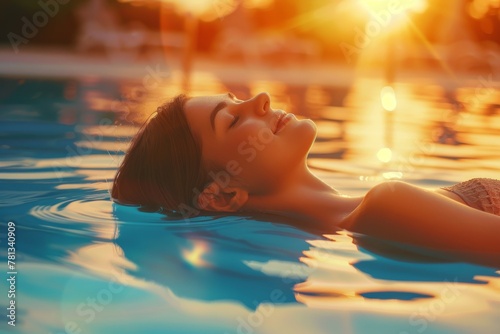 Peaceful moment captured as a young woman relaxes while floating in a pool  basking in the golden sunlight. Relaxed Woman Floating in Sunlit Pool