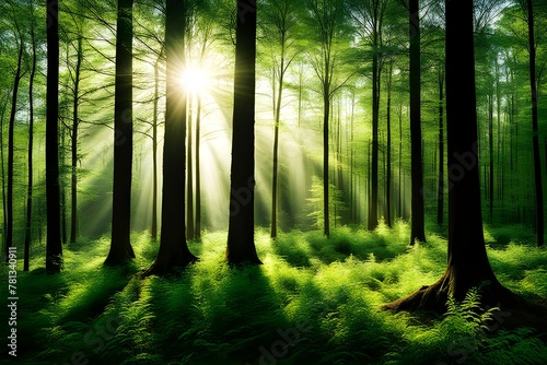 Sunlight floods the springtime forest.