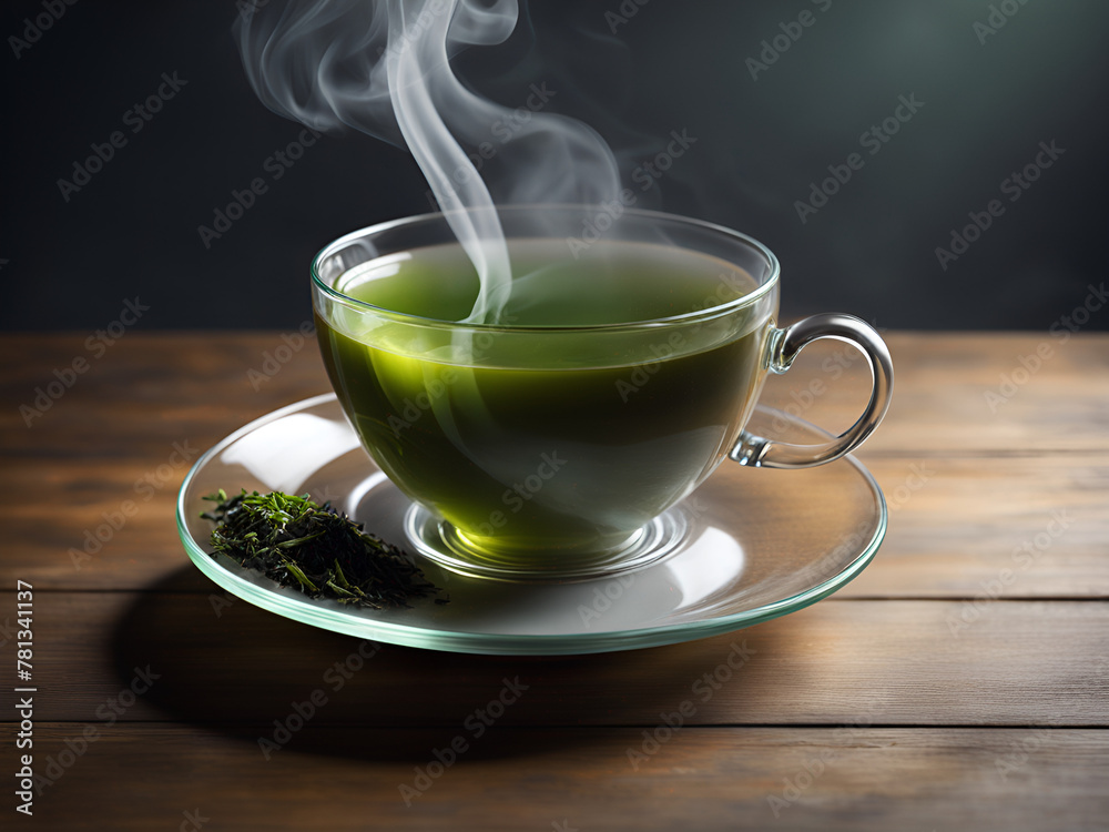 A cup of tea is placed on the table, steaming with heat. Transparent glass tea cups, green tea leaves, a quiet attitude towards life, still life pictures A cup of tea is placed on the table, steaming with heat. Transparent glass tea cups, green tea leaves, a quiet attitude towards life, still life pictures