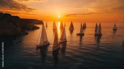 Group of sailboats silhouetted against colorful sunset. Picturesque scene