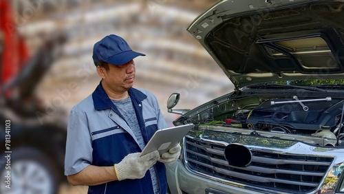 A professional car mechanic in service is inspecting a car in a service center.