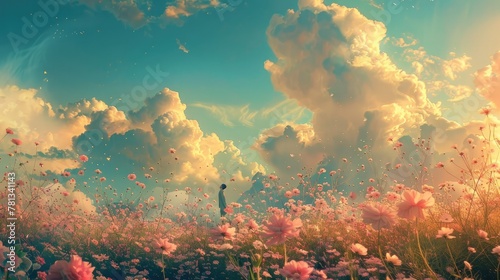Dreamy Pastel Landscape with Whimsical Creatures Frolicking Amidst Blooming Floral Fields and Ethereal Clouds in a Timeless Serene Reverie photo