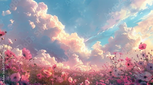 Dreamy Daze A Surreal Pastel Dreamscape with Whimsical Creatures Frolicking Amidst Blooming Floral Fields photo