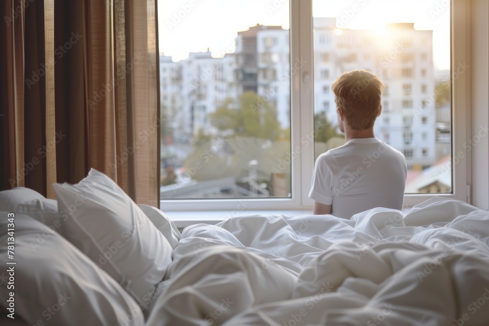 A man in contemplation looking out a window, the morning light casting a warm glow. Man Gazing Out Window Morning Light A man in contemplation looking out a window, the morning light casting a warm glow. Man Gazing Out Window Morning Light