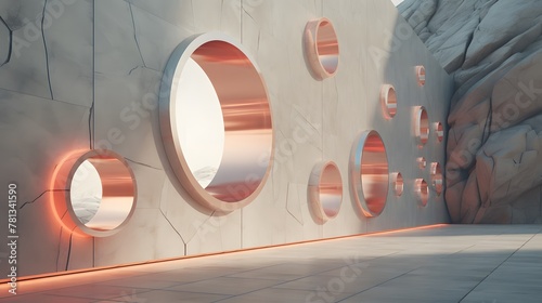 mur design avec des ouvertures circulaire, généré par IA photo