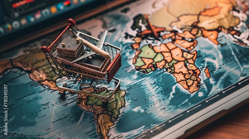 A miniature shopping cart with a house and airplane on a world map, illustrating the idea of buying and investing in property across the globe.