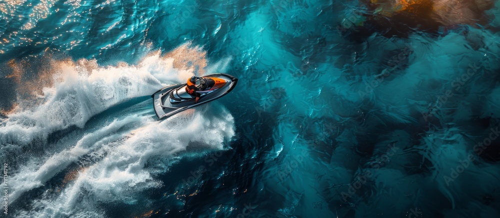 Fototapeta premium Dynamics, speed. Top view of jet ski carving through clear turquoise waters, leaving a frothy trail.
