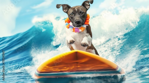Purebred adorable dog standing confidently on yellow surfboard, surfing on wave in the ocean.