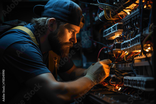 A diligent electrician fixing electrical wiring, hands at work with precision, the technical task captured in high definition against a neutral background. photo