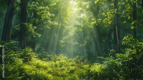 Emerald Forest Enchantment Lush Foliage and Dappled Sunlight Create a Tranquil Oasis for the Weary Traveler © Sittichok