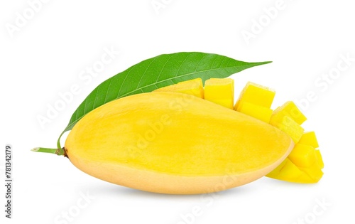 Mango fruits with slices and leaves isolated on white background.