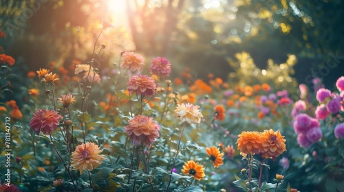 Sunlight filtering through blooming field amidst trees