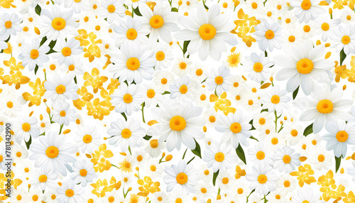 gleichmäßiges Muster helle Blumen Blüten weiß gelb Kamille Margariten, weißer Hintergrund Vorlage für Gestaltung von Geschenk Papier, Wänden, Produkten, Verpackungen zum Frühling frisch Sommer floral 