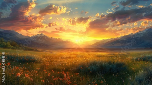 Mesmerizing Twilight Symphony Tranquil Landscape Bathed in Golden Glow and Distant Mountain Silhouettes