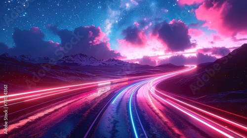Vivid neon lights trail on a winding mountain road at night with a starry sky and pink clouds in the background
