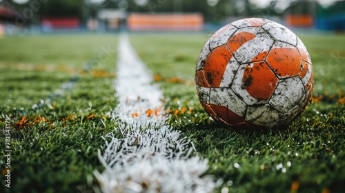 Soccer ball rests on the green grass of the field with the white boundary line in foreground, embodying the spirit of the game