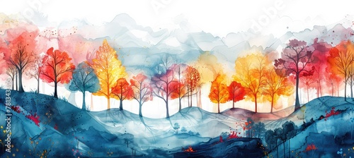 Colorful watercolor autumn forest scene