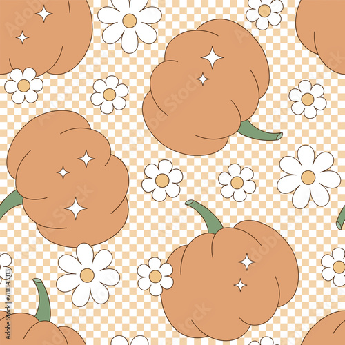 Retro groovy farm veggies orange pumpkin with daisy flowers on checkerboard vector seamless pattern. Hand drawn natural organic healthy food vegetables fruit floral background.