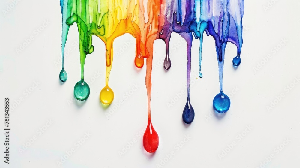 Colorful watercolor paint drops create a fresh and artistic drippy effect on a pure white background