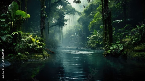Serene river meandering through a dense tropical forest