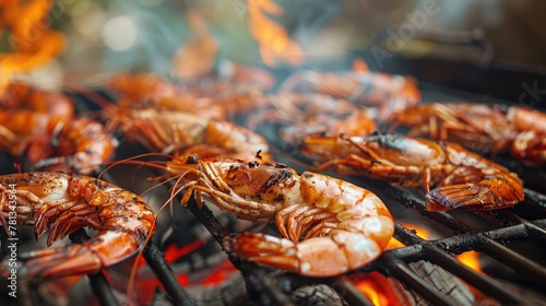Grilled shrimps on a barbecue with intense fire flames