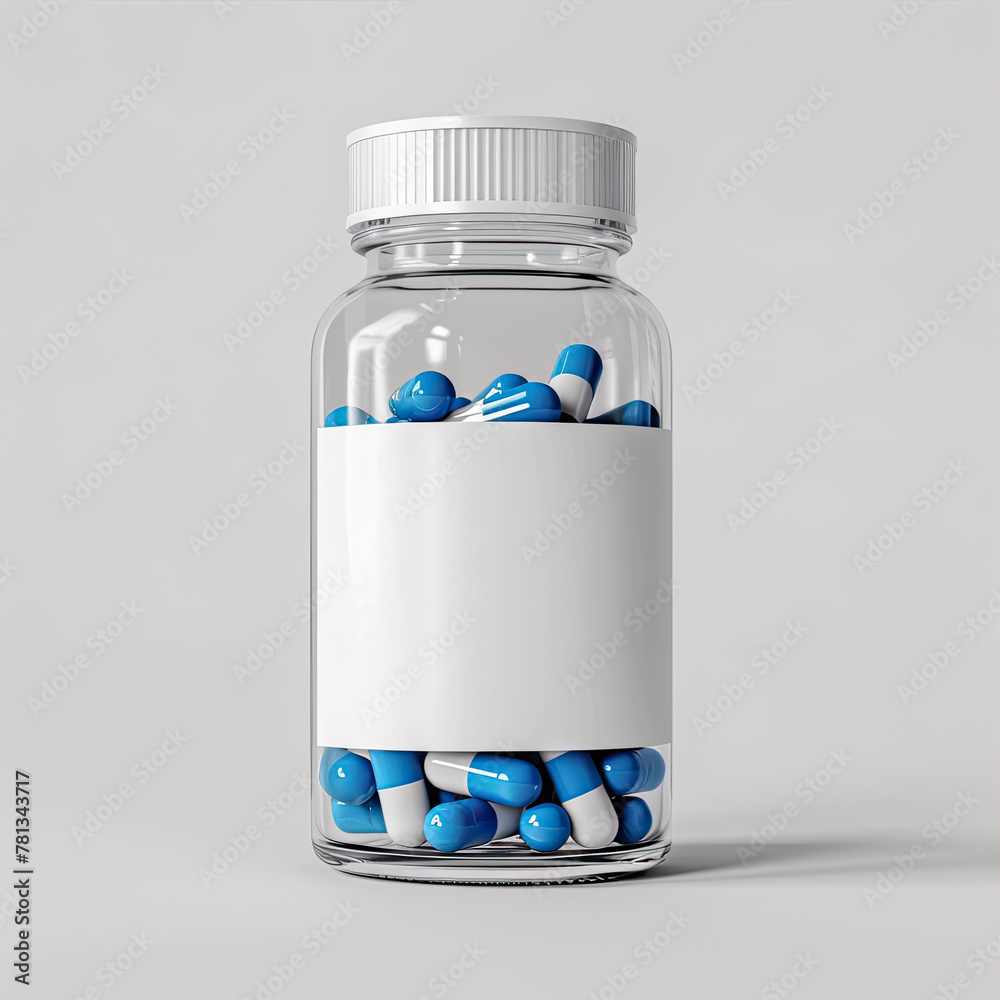 pills in a bottle with white empty label for mockup  - obrazy, fototapety, plakaty 