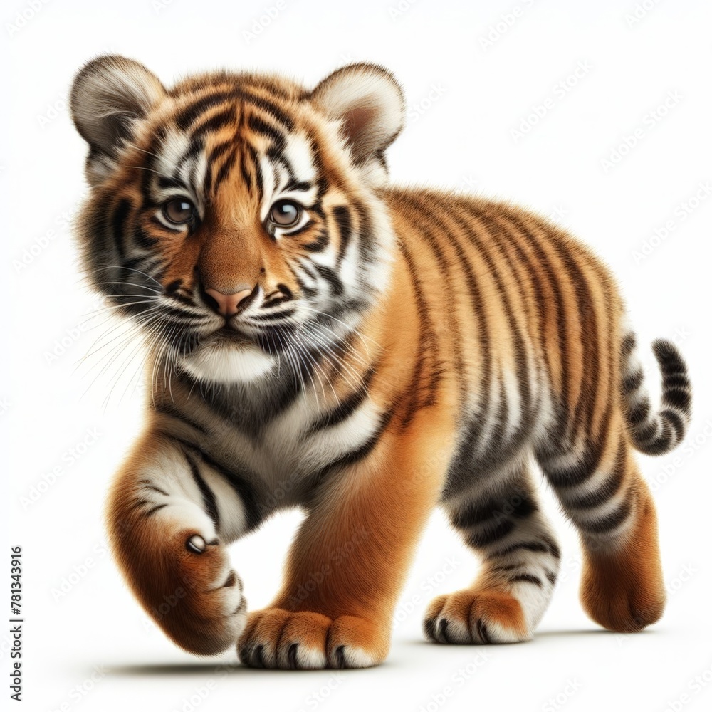 Image of isolated tiger cub against pure white background, ideal for presentations
