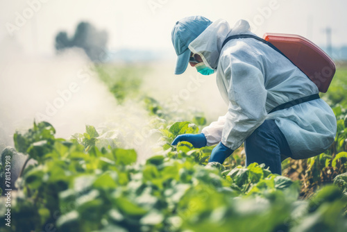 The farmer operates spraying equipment to apply herbicides and insecticides, addressing agricultural challenges while mindful of potential environmental impacts.