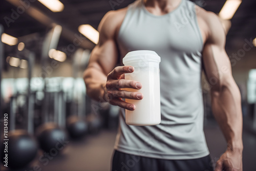 Fitness enthusiast: Handsome bodybuilder drinking a protein beverage.