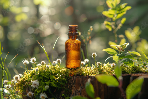 Background for the image of a bottle with serum in an environment that emphasizes environmental friendliness and respect for nature photo