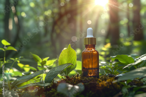 Background for the image of a bottle with serum in an environment that emphasizes environmental friendliness and respect for nature
