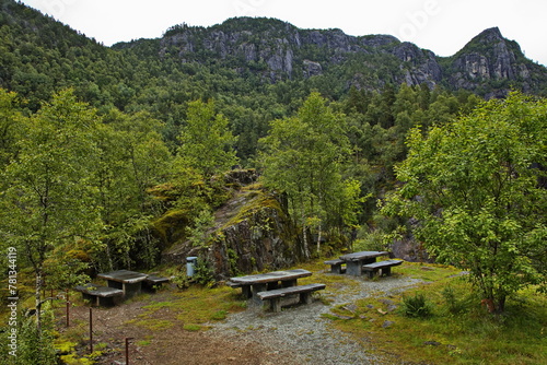 Stone benches at the resting place Allmannajuvet at the scenic route Ryfylke in Norway, Europe
