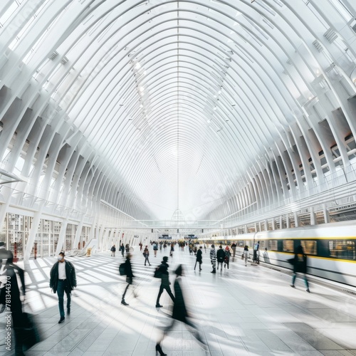 Train station with people walking around with motion blur, white ceiling lines and glass windows, train passing