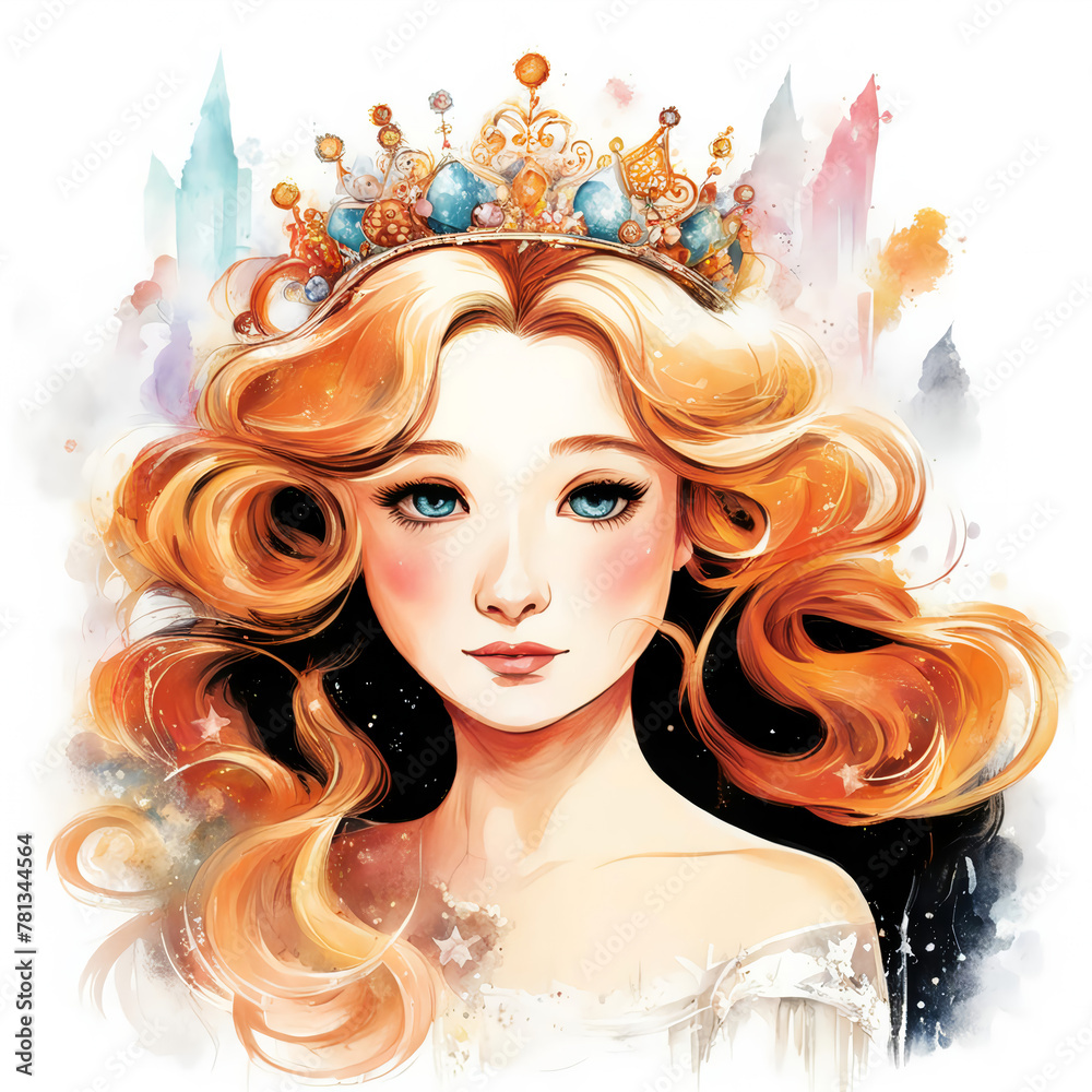 A beautiful princess with long hair and a crown, a sweet girl. illustration. artificial intelligence generator, AI, neural network image. background for the design.