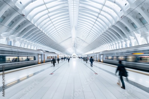 Train station with people walking around with motion blur, white ceiling lines and glass windows, train passing