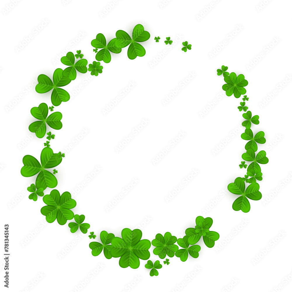 Realistic shamrock wreath. Round Clover frame. Green leaves floral garland. Trefoil border. Realistic shamrock wreath. Round Clover frame. Green leaves floral garland. Trefoil border.