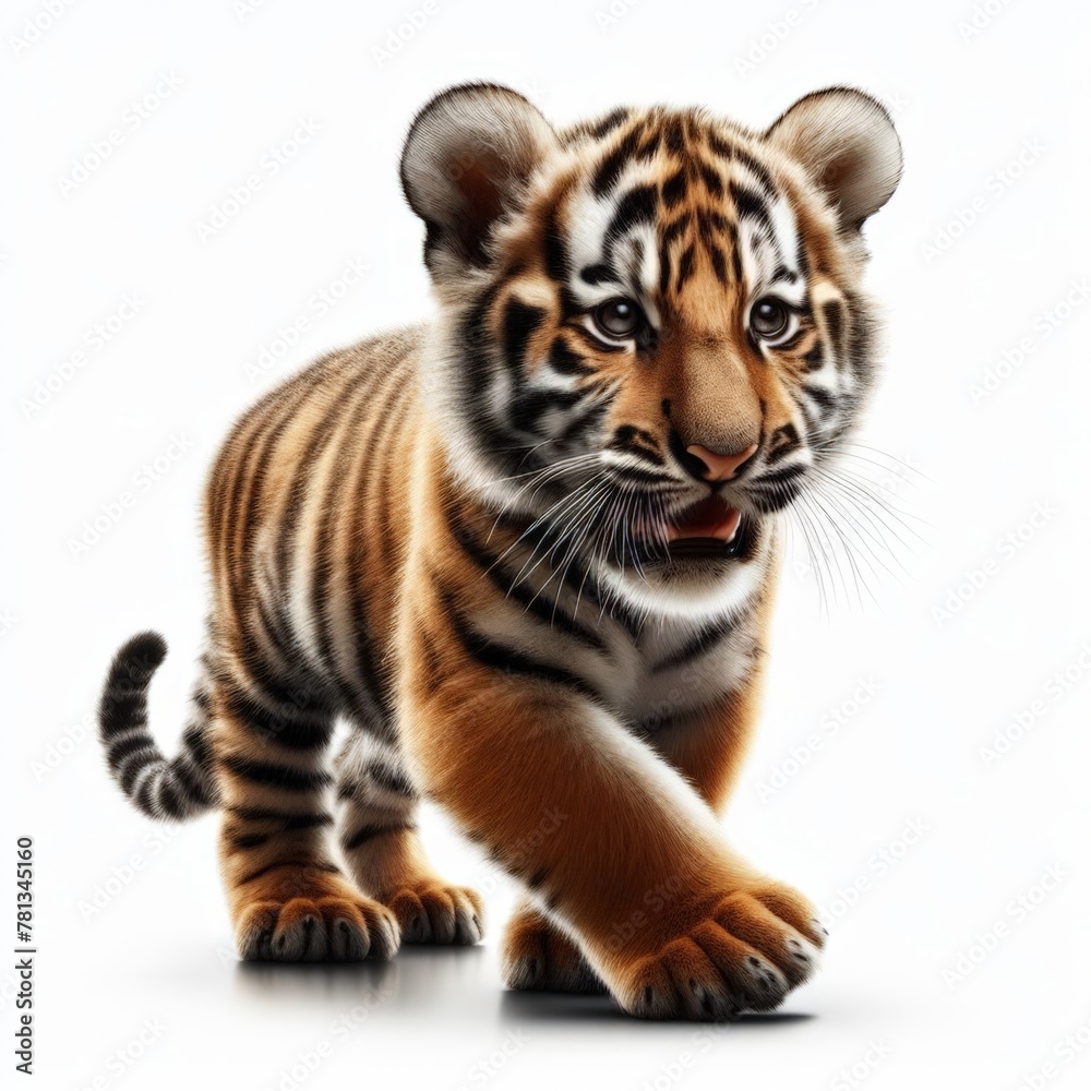 Image of isolated tiger cub against pure white background, ideal for presentations
