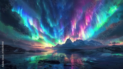 Captivating Aurora Borealis Display over Serene Mountainous Lake Landscape
