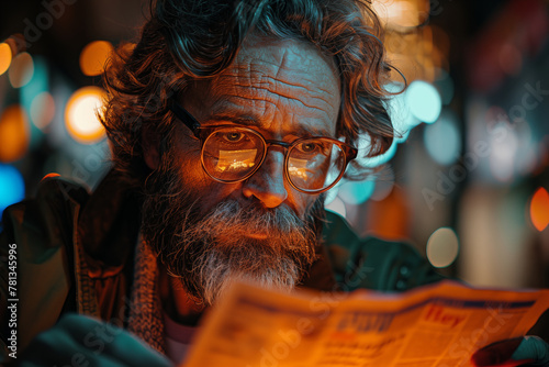 elderly person with curly hair, beard and glasses is reading a newspaper in the night light
