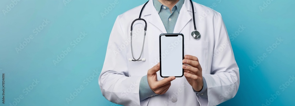 A male doctor shows off a smartphone with a blank screen on a blue background, inviting you to view medical information A male doctor shows off a smartphone with a blank screen on a blue background, inviting you to view medical information