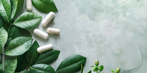 Herbal alternative medicine in capsules on white table, 