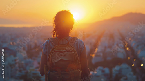 Traveler, young woman in with backpack, exploring Dubai. Holiday tourism concept. photo