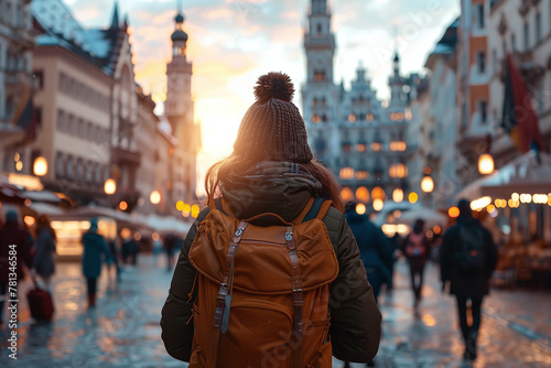 A tourist woman enjoys the beautiful sunset view of the gothic building of the Old town Hall at Marienplatz Square, Munich, Germany