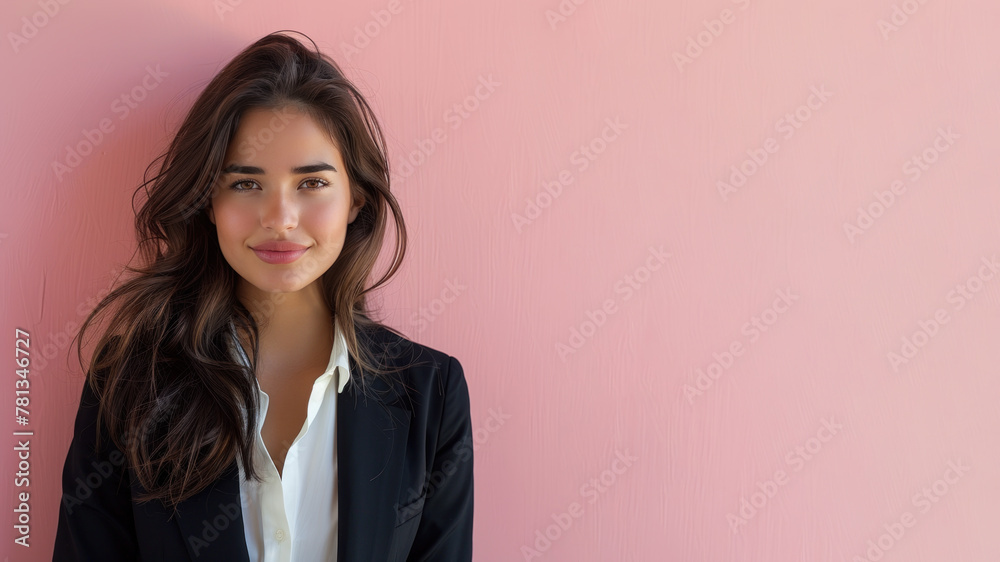 Brunette businesswoman in black formal suit smiling isolated on pastel Brunette businesswoman in black formal suit smiling isolated on pastel