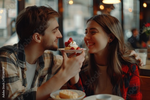 Girlfriend feeding bite of dessert to her boyfriend at cafe