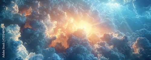 Sunset on blue sky with clouds. Nature beauty and sky concept © Renrae