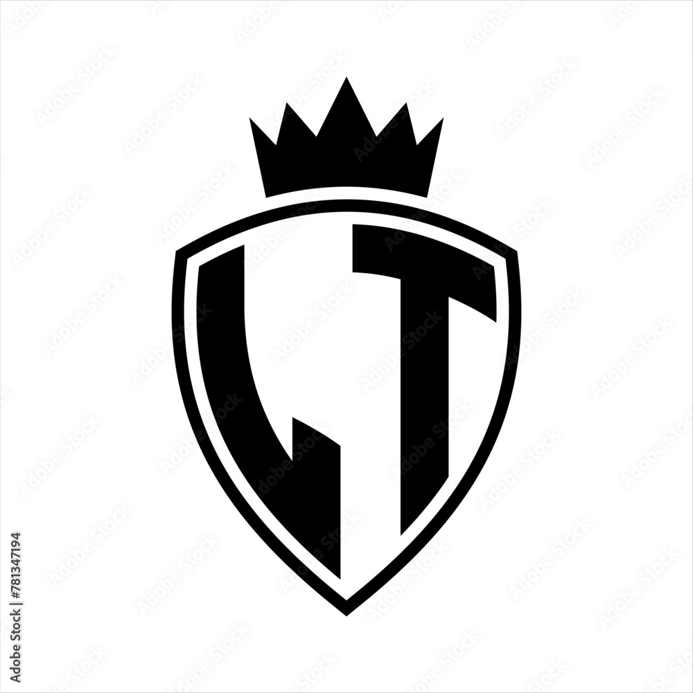 LT Letter monogram shield and crown outline shape with black and white color design LT Letter monogram shield and crown outline shape with black and white color design