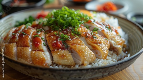 Close up of delicious chicken rice serve in traditional Chinese plate. Asian food concept
