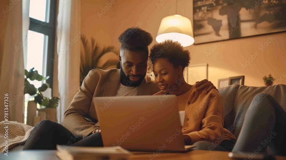 couple discussing financial bills while using laptop in the living room couple discussing financial bills while using laptop in the living room
