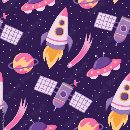 Vector colorful space seamless pattern with spaceship, flying saucer, space station, planet, comet and stars on dark background. Childish cosmic backdrop for nursery wallpaper, textile, fabric